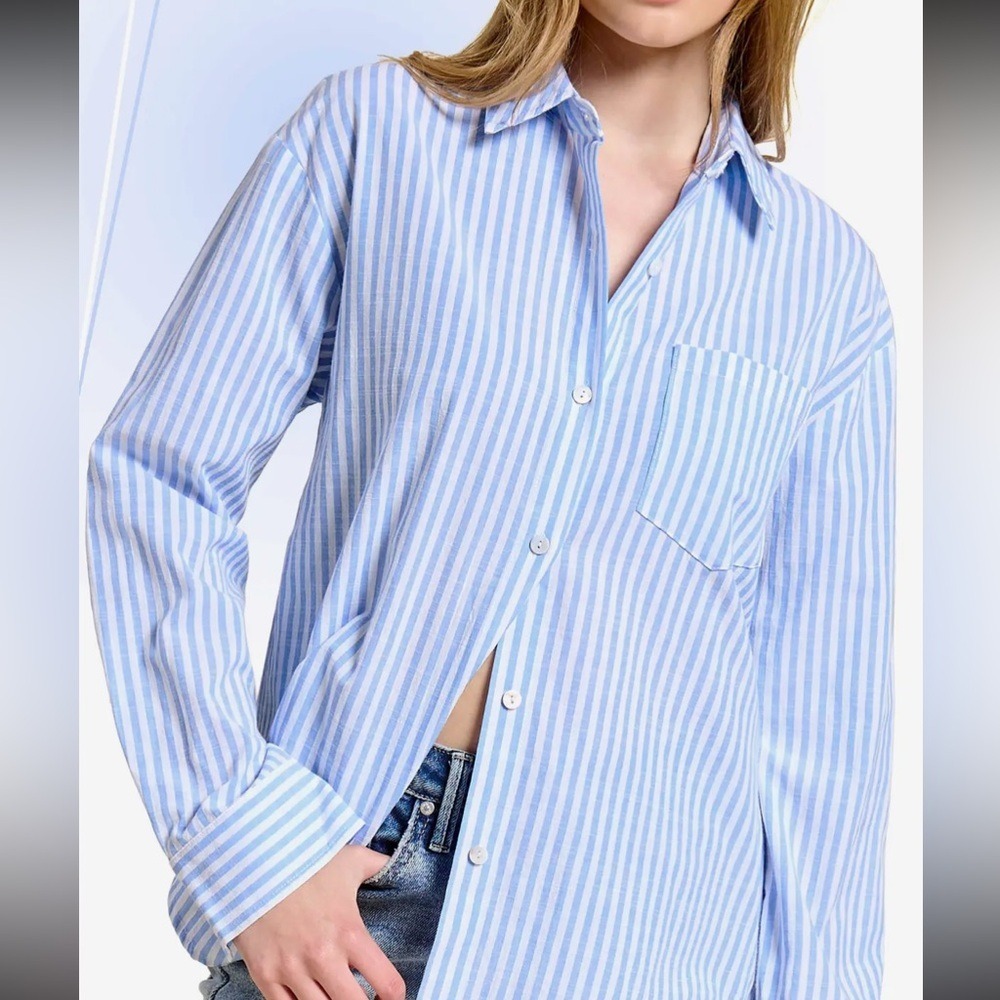 La Miel Blue White Striped Button Down‎ Shirt Long Sleeve Pocket Small